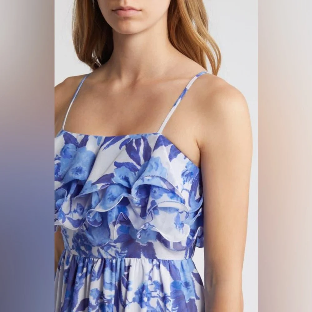 NWT Chelsea28 Blue Floral Printed Tiered Ruffle Chiffon Midi Dress